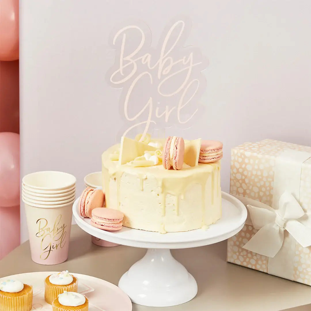 Roze taarttopper van acryl 'Baby Girl'