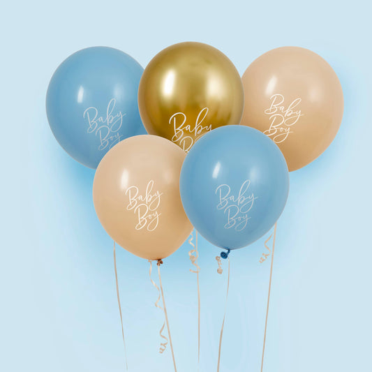 Blauwe, nude en gouden 'Baby Boy' latexballonnen van 12", set van 5